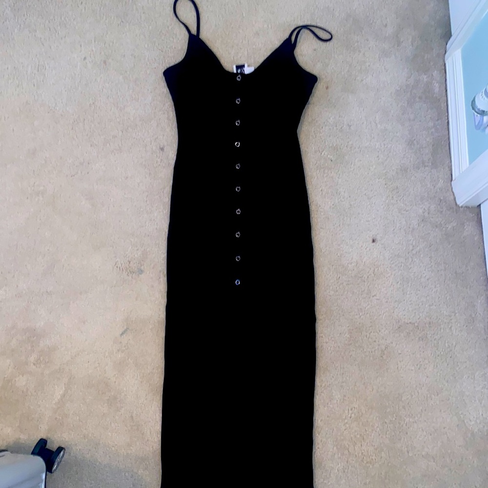 black button front midi dress with slit in the middle